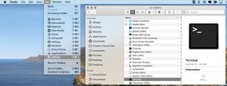 To bring up Terminal, exit System Preferences, then on Finder, click Go. Select Utilities from the pull-down menu. Double-click Terminal in the list of options.