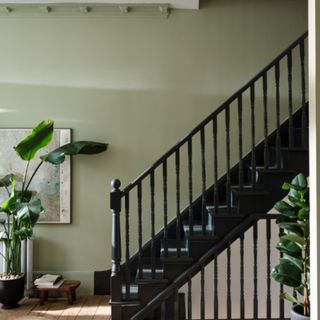 entrance with medium green wall and black staircase 