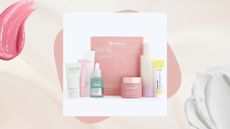 Selfridges The K-Beauty Skincare Kit on a light pink background with pink circle detail, pink lip gloss swatch and white cream swatch