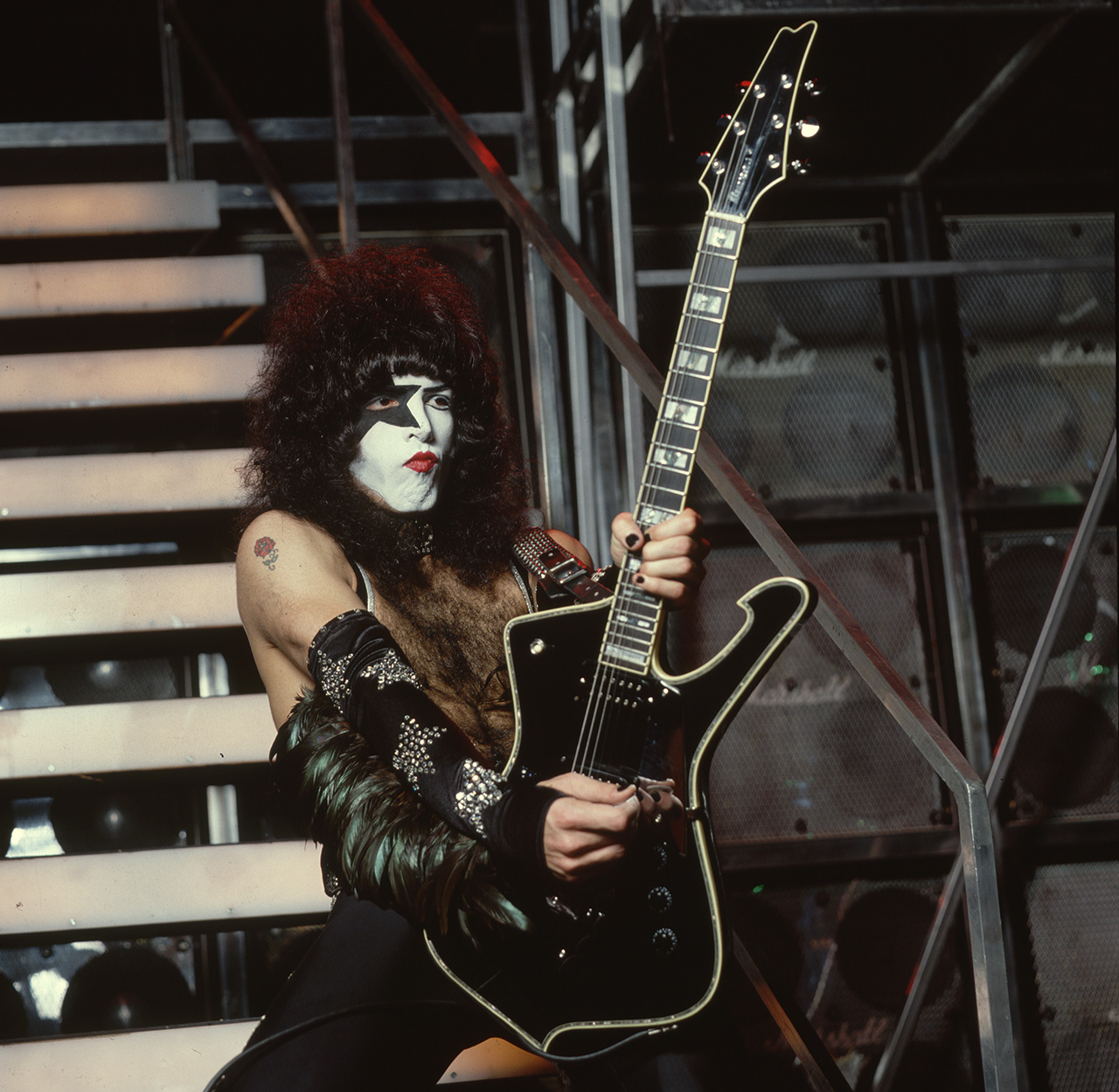 Paul Stanley wields his signature Ibanez Iceman onstage with Kiss