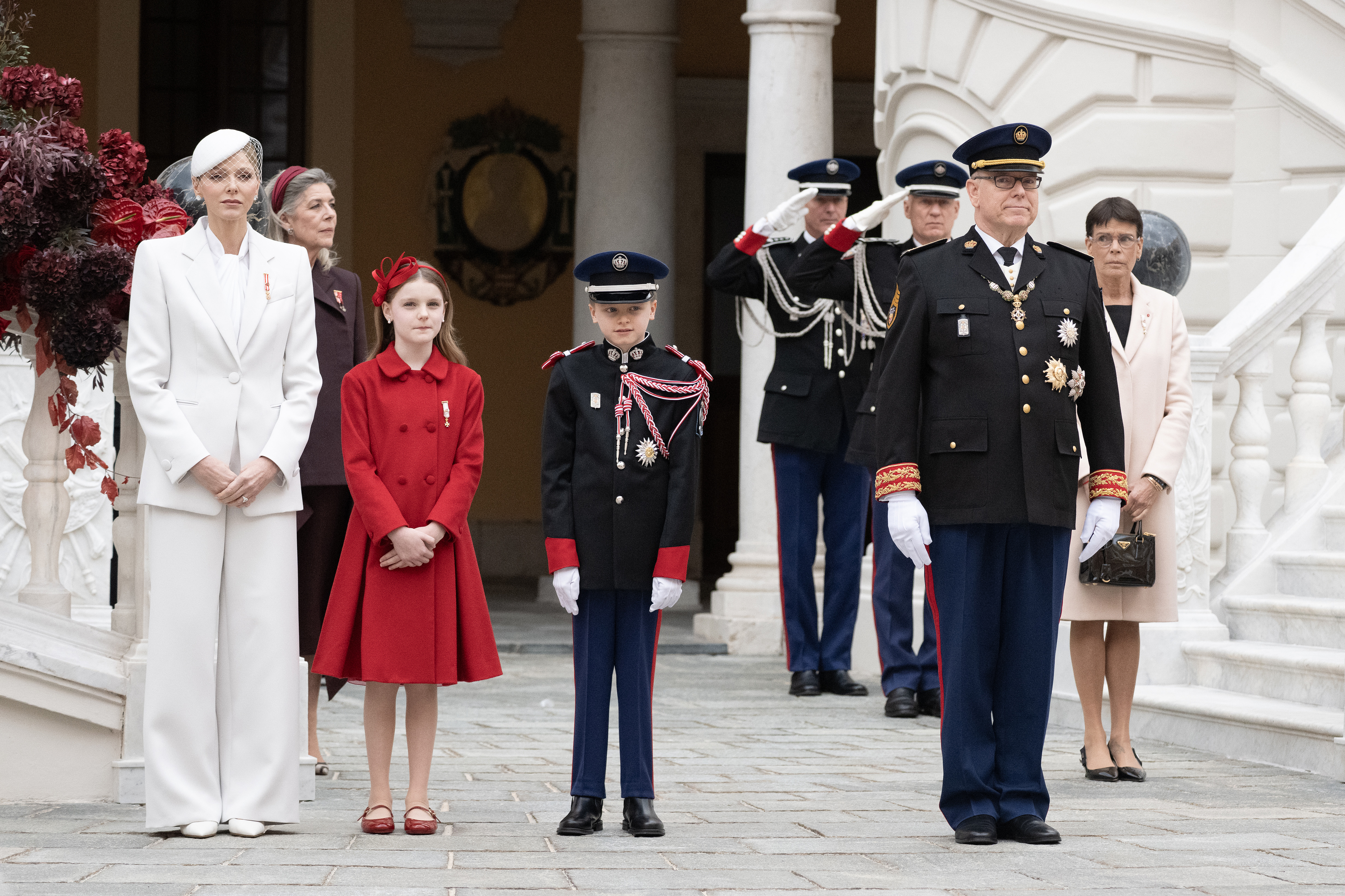 Princess Charlene, Princess Gabriella, Prince Jacques and Prince Albert of Monaco on National Day