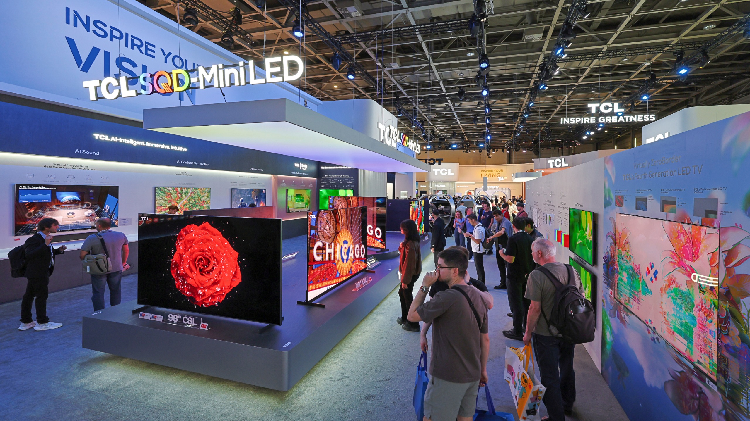 TCL booth at IFA 2026, showing crows of people looking at SQD-MiniLED TVs
