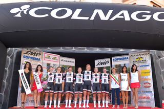 Team Sunweb on the Giro Rosa podium after winning the opening team time trial