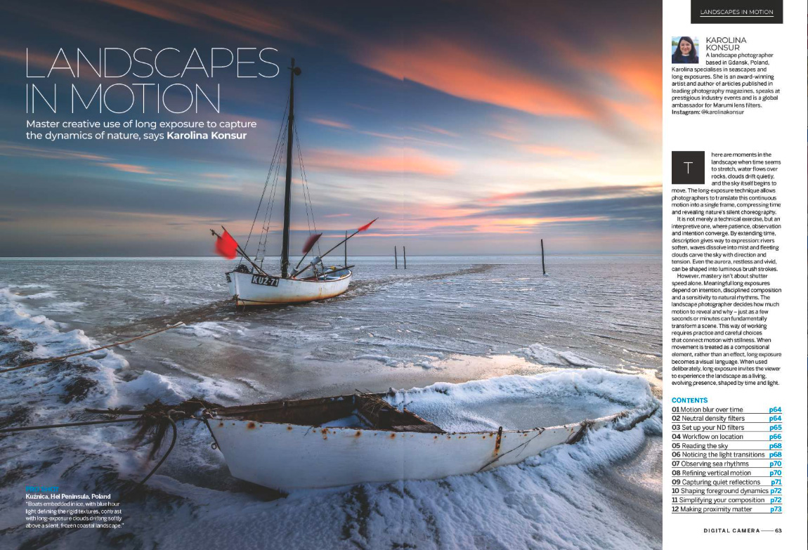 Image showing the first two pages of the cover feature of issue 305 (April 2026) of Digital Camera magazine, on the topic of capturing the dynamics of nature with long-exposure photography