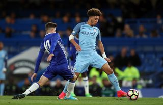 Jadon Sancho, right, takes on Chelsea's Mason Mount in the 2017 FA Youth Cup final at Stamford Bridge. He left Manchester City without making a senior appearance