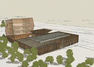 Colour illustration of a library design for a Science University in Central Africa offering a view from above