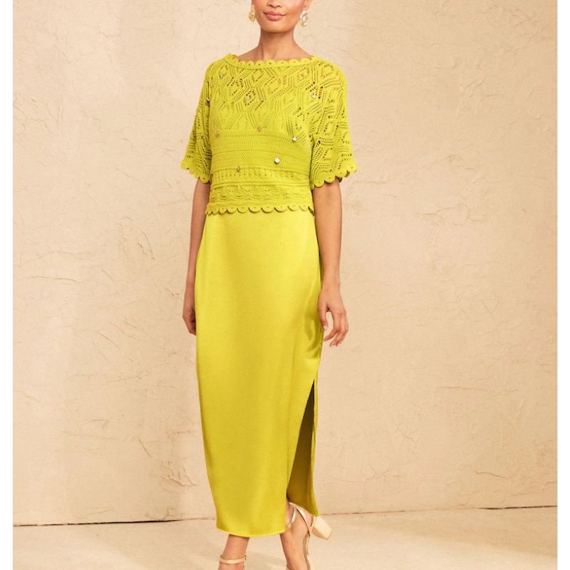 Love &amp;amp; Roses , Chartreuse Green Petite Knitted Crochet 2 in 1 Midi Dress