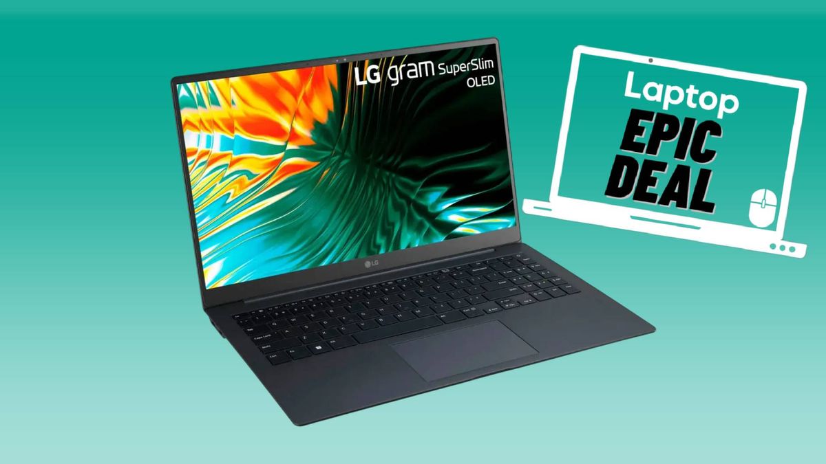 LG gram SuperSlim laptop against a green gradient background