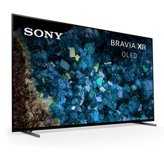 Sony XR-55A80L at an angle with blue crystals on the screen