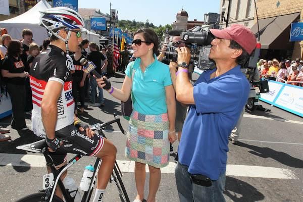 RadioShack-Nissan's Matthew Busche conducts an interview for a local TV station.