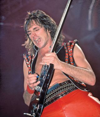 Judas Priest’s Glenn Tipton plays a Gibson SG at Nassau Coliseum in Uniondale, New York, in the mid Eighties.