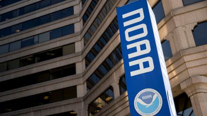 Signage outside the National Oceanic and Atmospheric Administration (NOAA) headquarters in Silver Spring, Maryland.