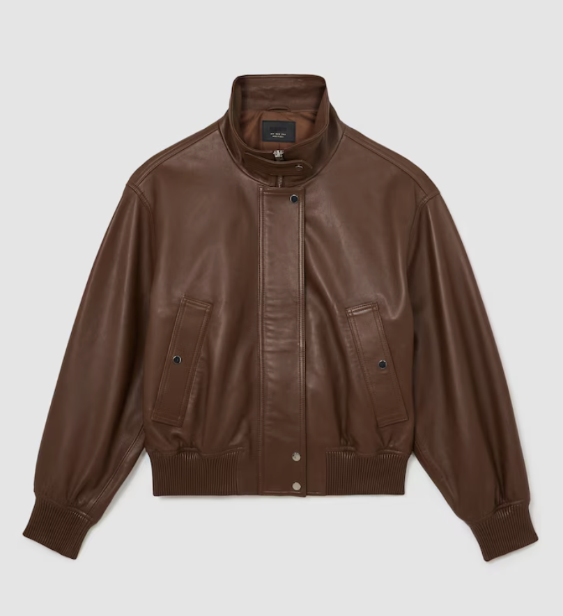Reiss, Leather Funnel-Neck Bomber Jacket in Chestnut Brown