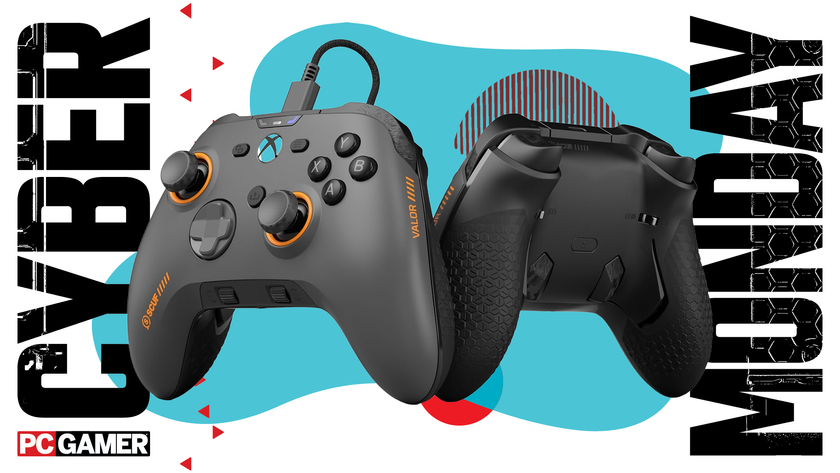 A scuf controller on a blue Cyber Monday background.