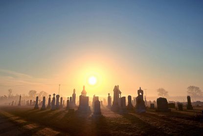 A foggy morning sunrise in early spring over a central Texas cemetery.