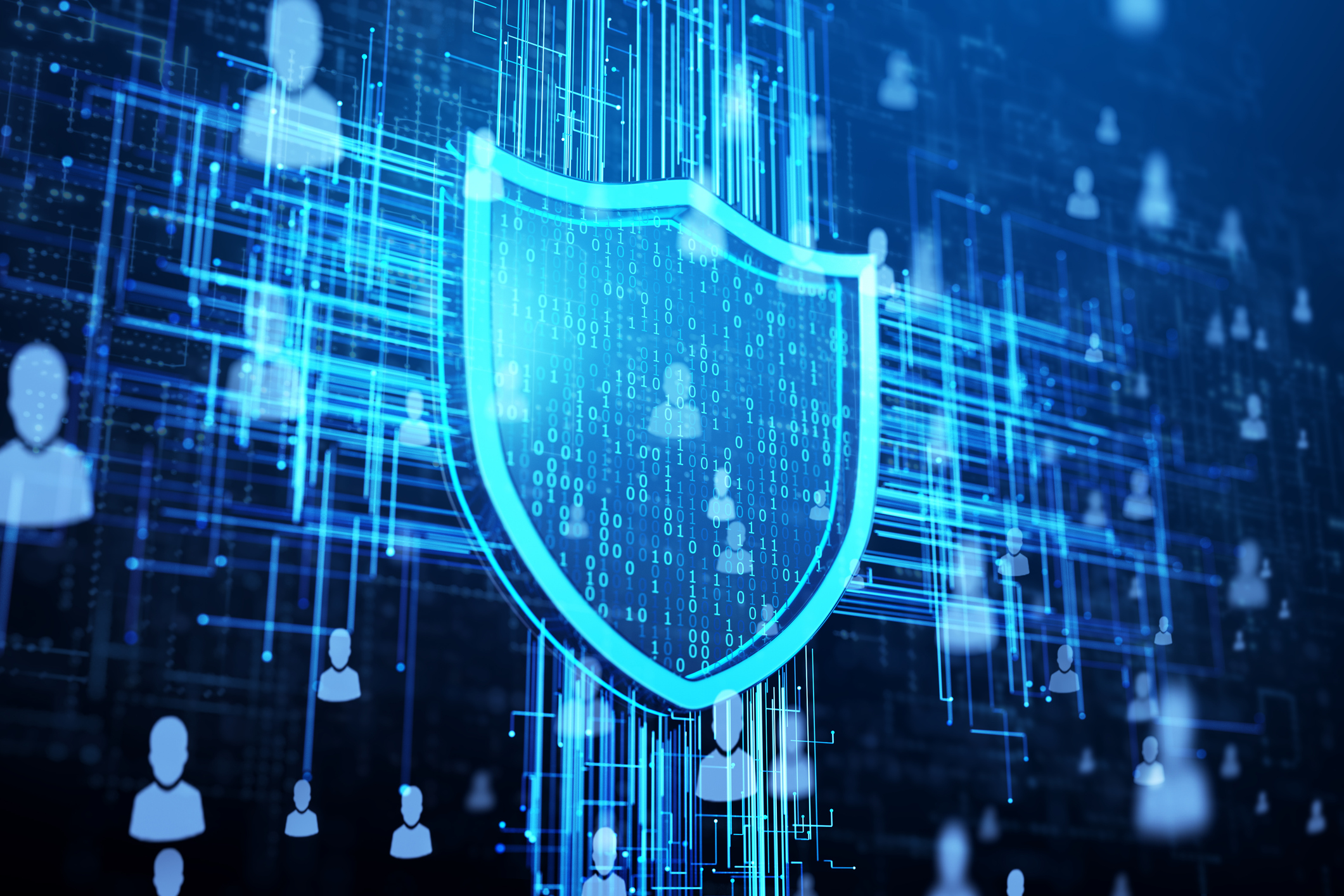Digital shield surrounded by binary code and network lines.