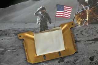 Oxygen Purge System (OPS) bracket with attached beta cloth flag pouch as unknowingly worn by Apollo 15 astronaut David Scott on the moon in July 1971.