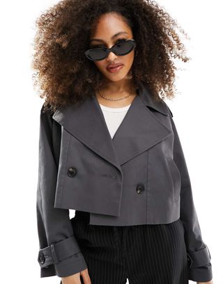 Asos Design Cropped Trench Coat in Charcoal