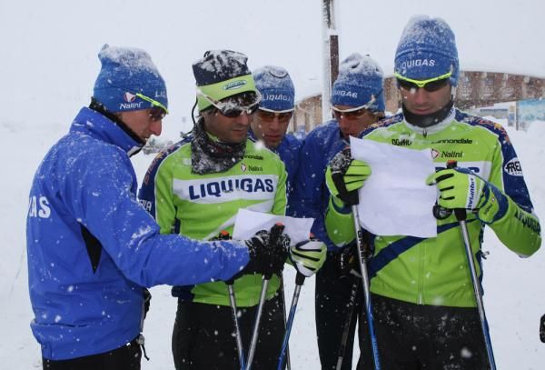 The Liquigas riders ponder the route for their orienteering course