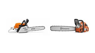 Stihl and Husqvarna chainsaws sat side by side on white background.