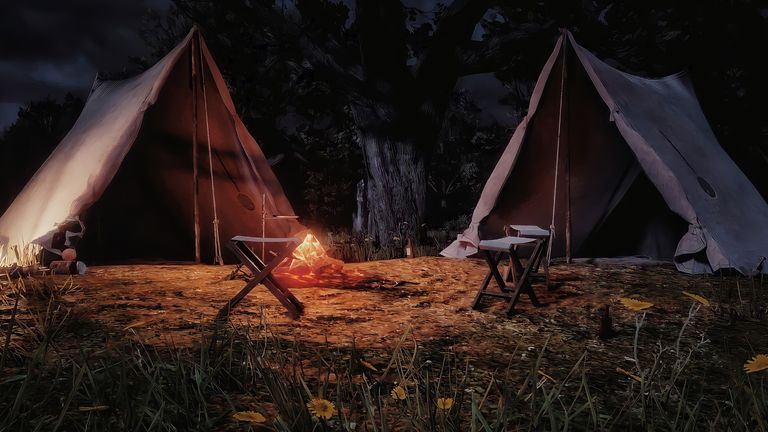 Keeper of the Ashes: stock photo of a tent in the woods with a camp fire.