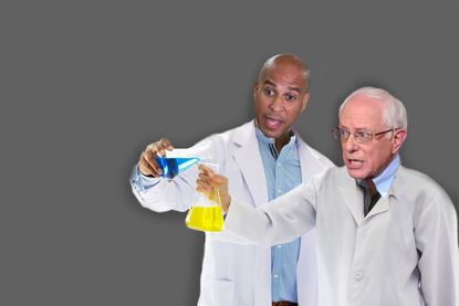 Bernie Sanders and Corey Booker in lab coats mixing their plans for guaranteed jobs
