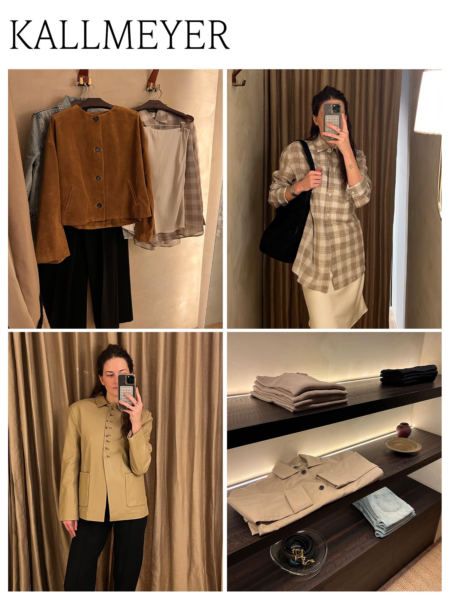 A collage of photos at Kallmeyer's Upper East Side store's dressing room with text that says, "Kallmeyer" in all black capital letters.