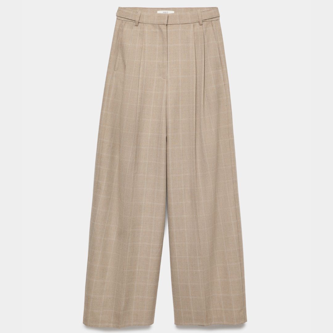 M&amp;amp;S Checked Double Pleat Wide Leg Trousers