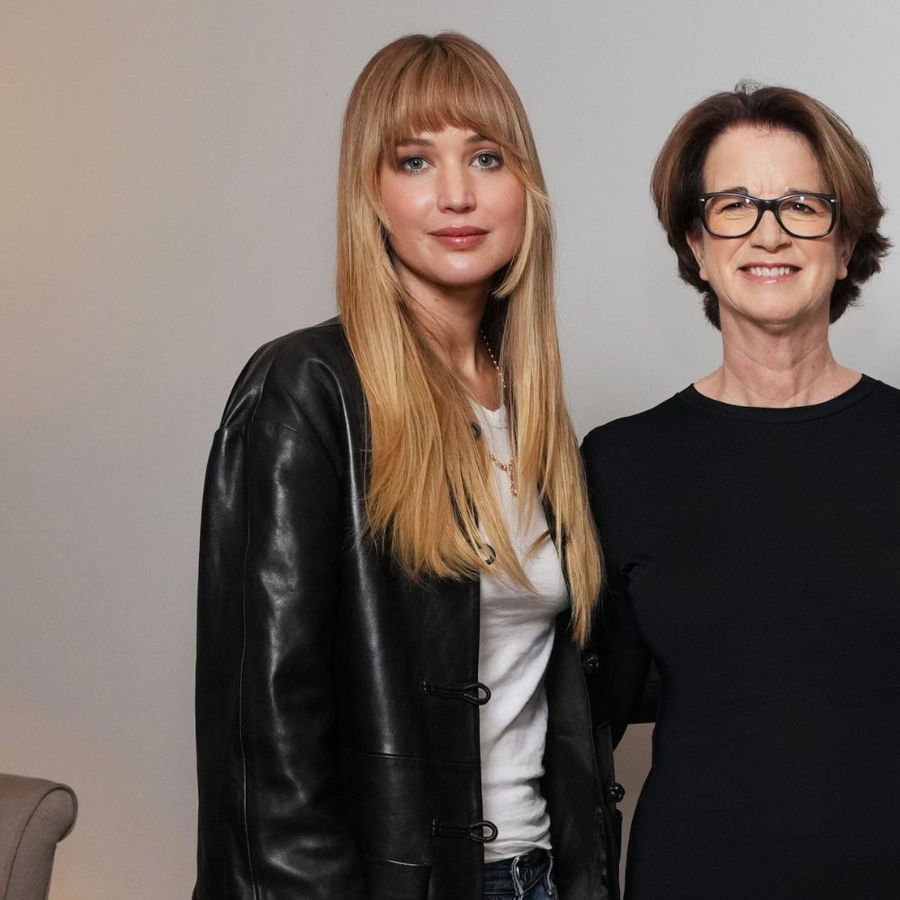 Jennifer Lawrence wears the Rohe black leather jacket with mid-wash blue jeans and a white t-shirt.