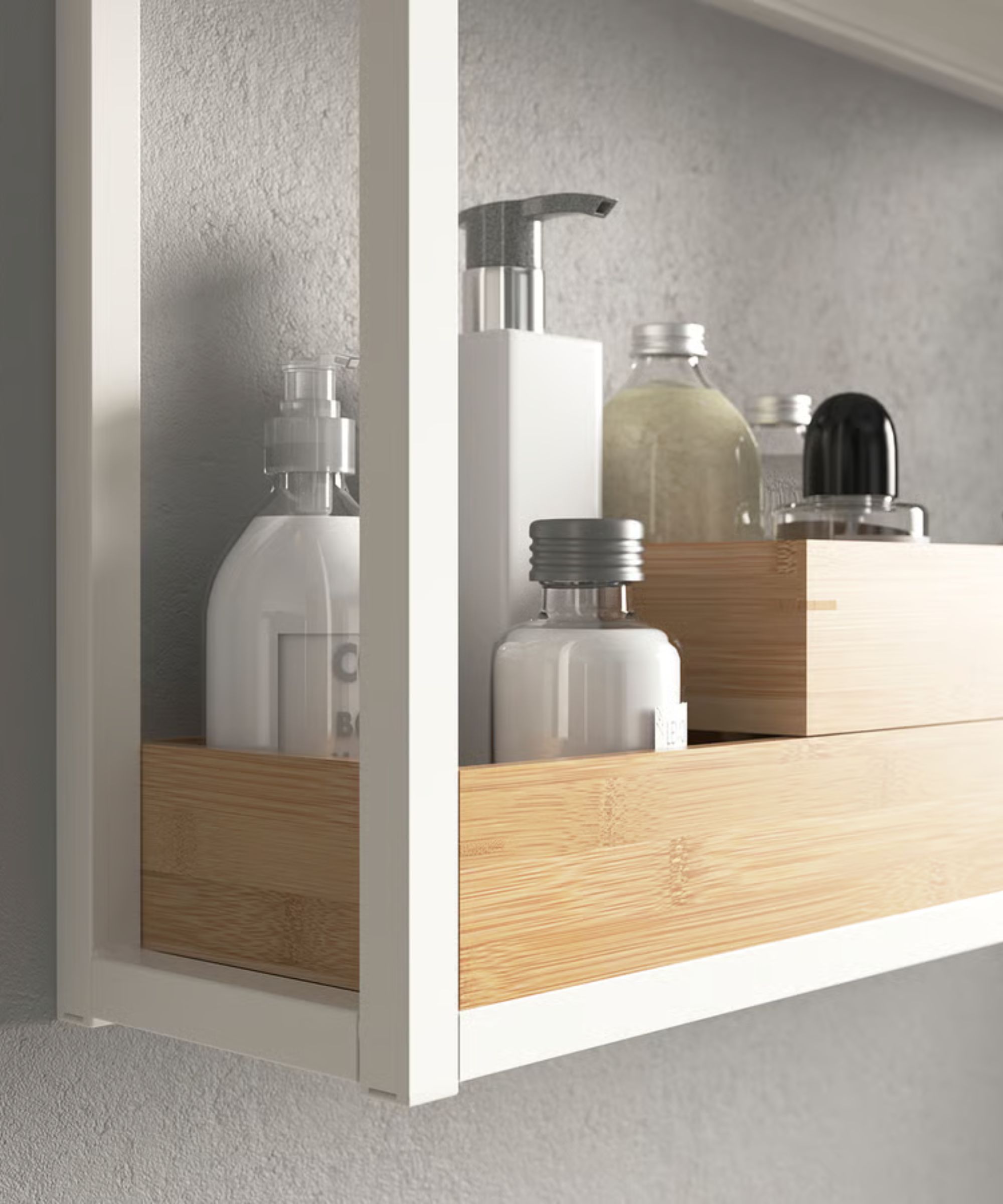 White metal IKEA wall-mounted shelving that fits their stacked large and small bamboo trays perfectly