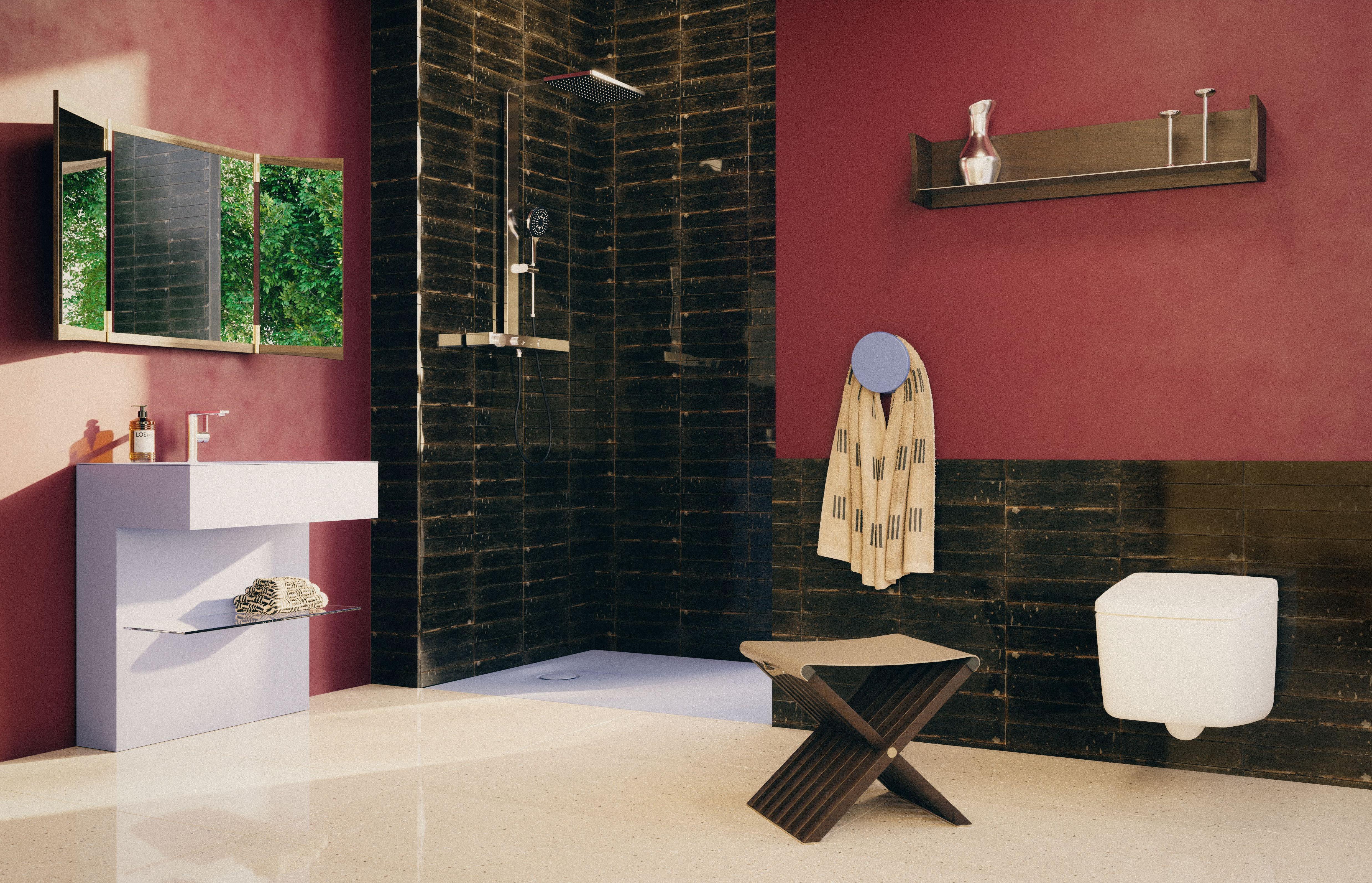 bathroom with black tiles and red walls