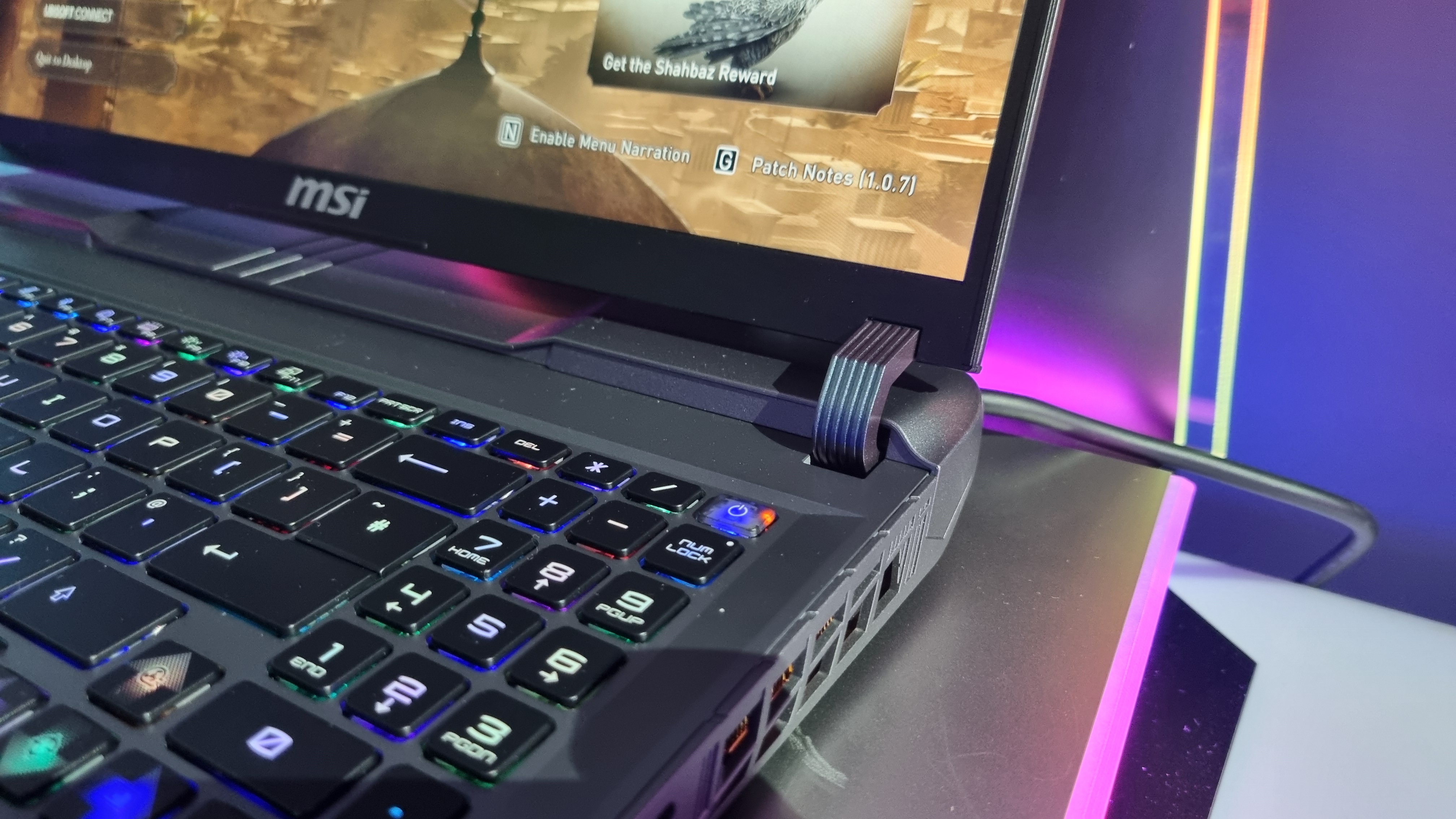 The hinge on the MSI Sword 16 gaming laptop
