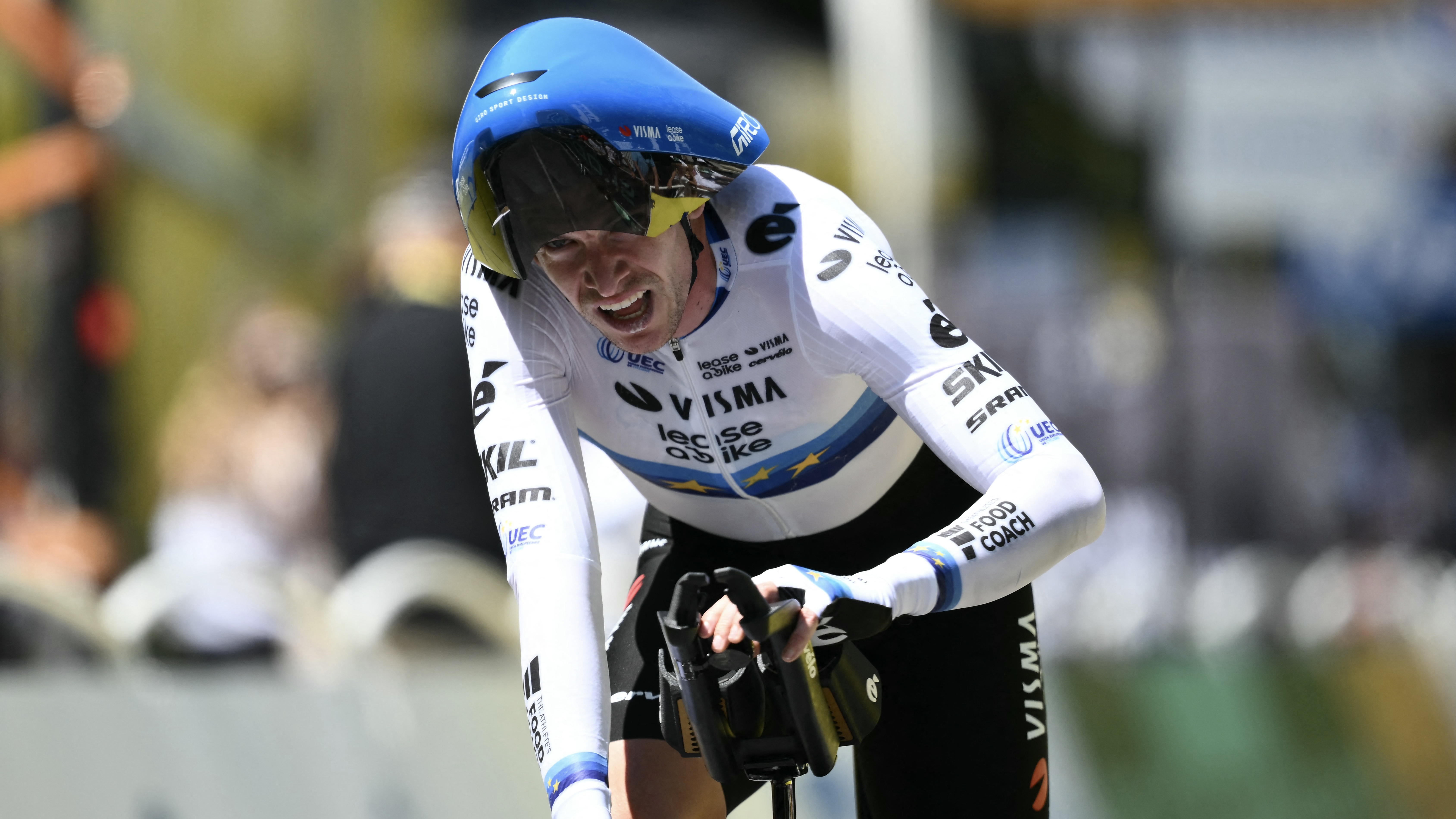 Team Visma - Lease a bike team's Italian rider Edoardo Affini cycles to the finish line of the 5th stage of the 112th edition of the Tour de France cycling race, 33 km individual time trial starting and finishing in Caen