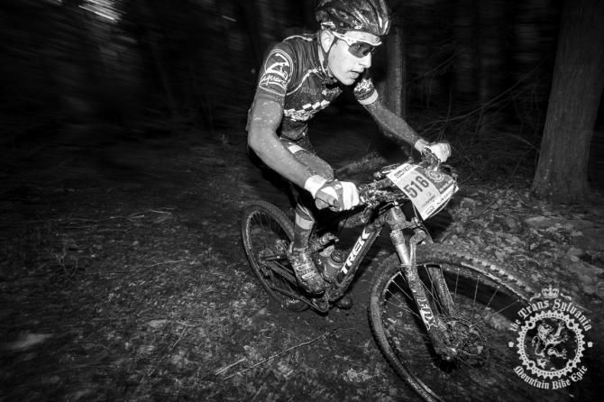 Levi Kurlander rides through the dark forest section of R.B.Winter State Park