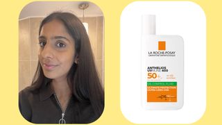 Sidra wearing La Roche-Posay UVMune 400 Oil Control Invisible Fluid alongside an image of the product