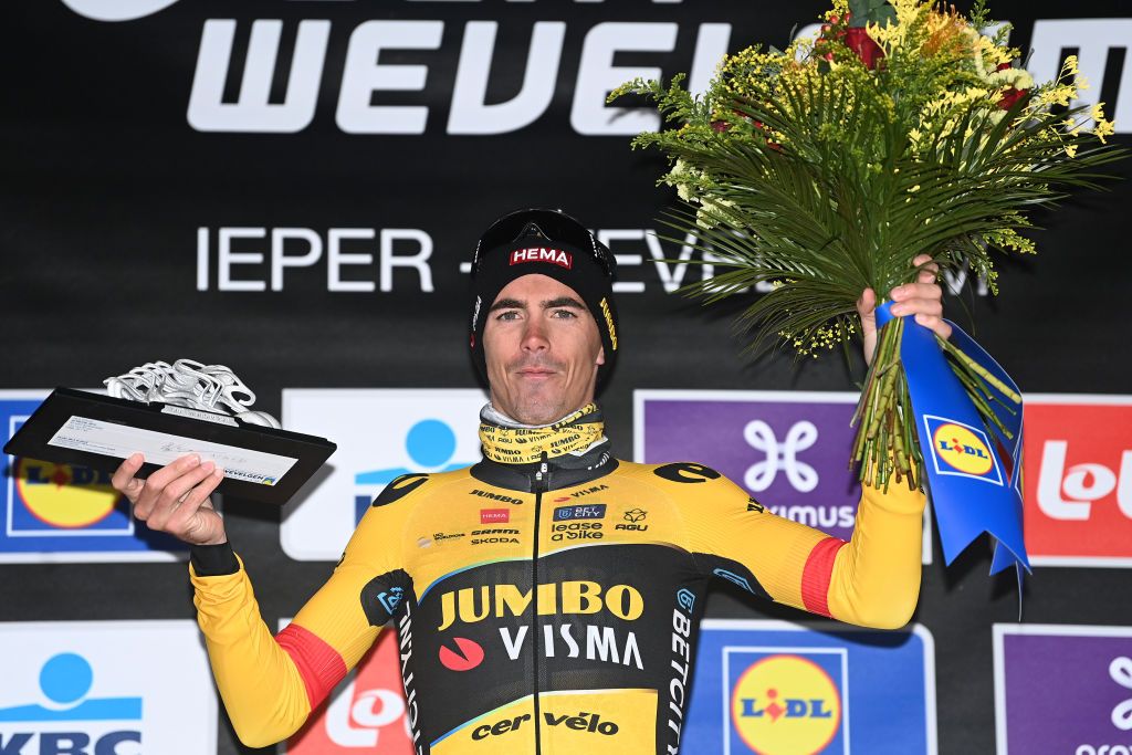 WEVELGEM BELGIUM MARCH 26 Christophe Laporte of France and Team JumboVisma celebrates at podium as race winner during the 85th GentWevelgem in Flanders Fields 2023 Mens Elite a 2609km one day race from Ypres to Wevelgem UCIWT on March 26 2023 in Wevelgem Belgium Photo by Tim de WaeleGetty Images