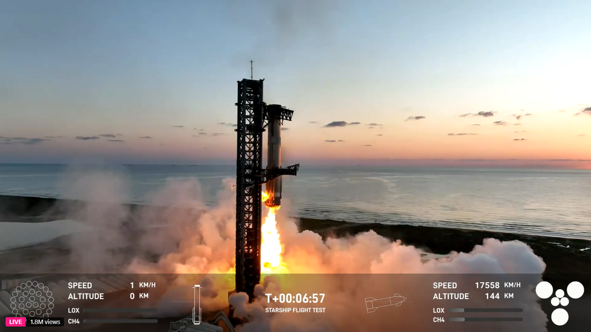 SpaceX Starship Flight 5 Super Heavy lands at Mechazilla