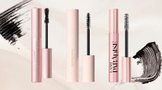 Trio of the best volumising mascara (L-R) from Too Faced, Rare Beauty and L'oreal Paris on a pink background with mascara swatches