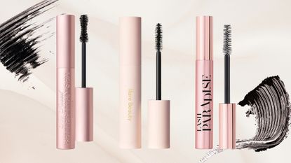Trio of the best volumising mascara (L-R) from Too Faced, Rare Beauty and L'oreal Paris on a pink background with mascara swatches