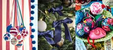 Three examples of christmas ornament ideas, colorful hanging round ornaments, blue bows on christmas tree, colorful ornaments in bowl