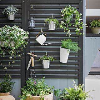 grey garden fence with black wall panels and hanging planters