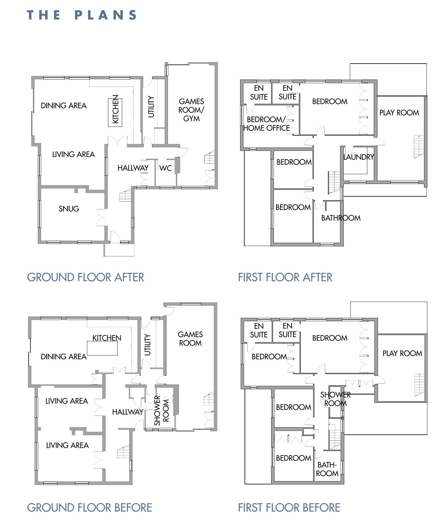Floor plans illustrating the layout of a renovated rural home, featuring a ground floor and first floor with designated areas such as bedrooms, living areas, and utility spaces.