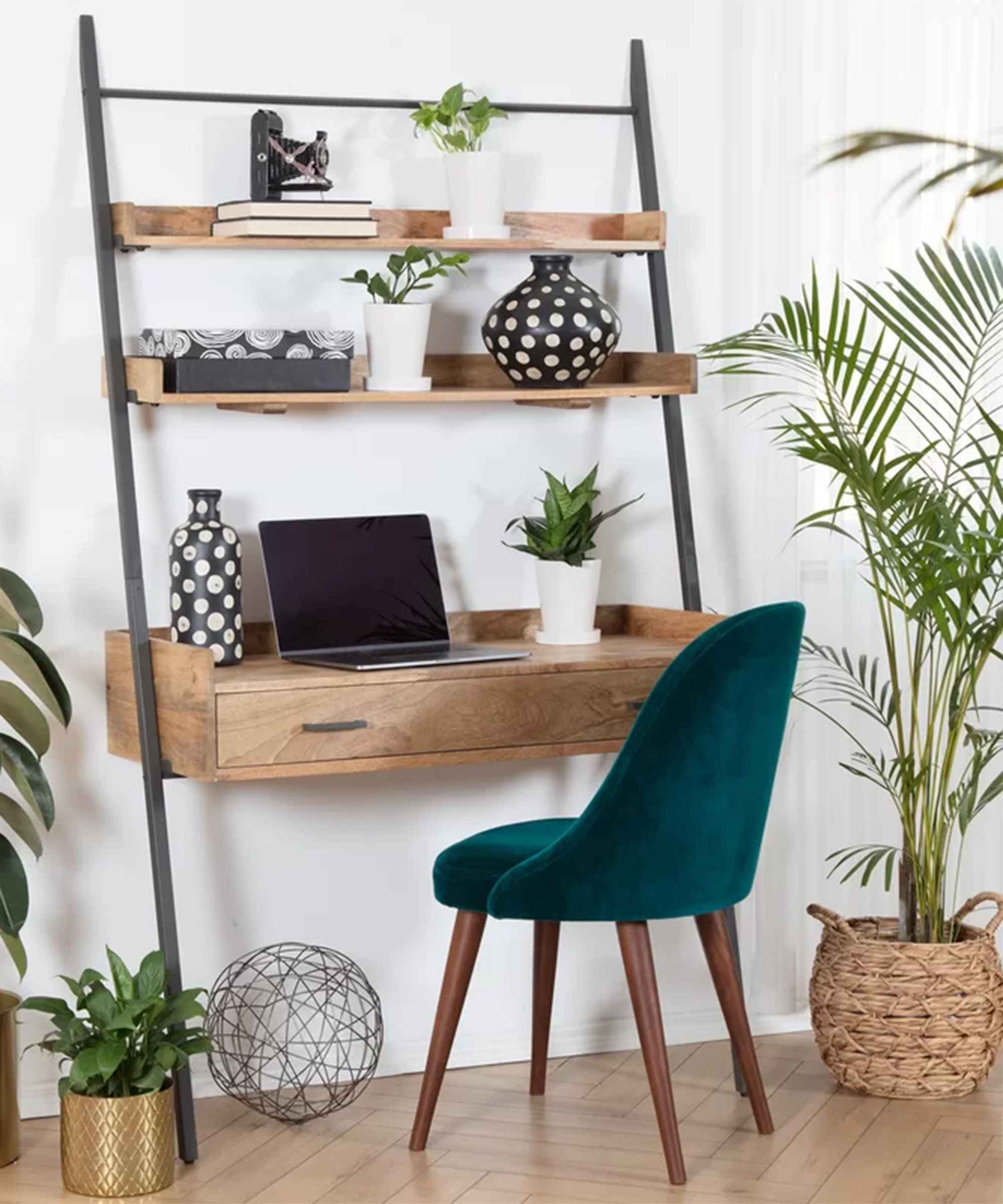 Ladder desk idea with velvet green seat by Wayfair