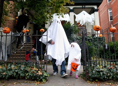 The Abrahms family of Fort Greene, Brooklyn "trick or treat" as Brooklyn residents participate in Halloween activities on October 31, 2012 in New York City. 
