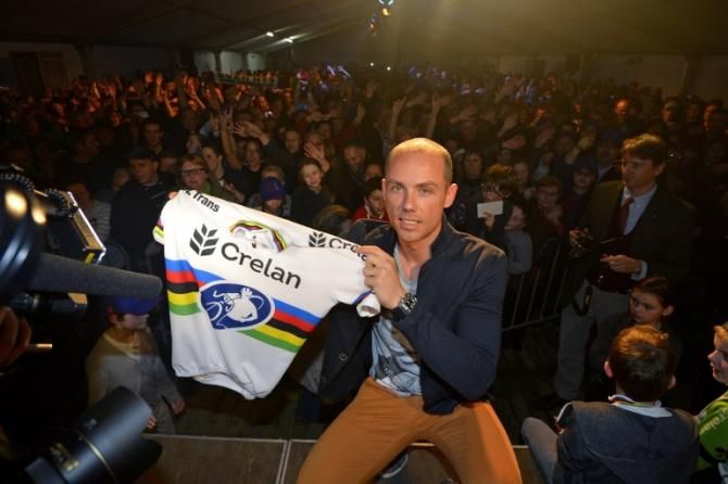 Three days after winning the 2013 cyclo-cross world championship in Louisville, Kentucky, Sven Nys shows off the rainbow jersey at a celebration in his hometown of Baal, Belgium