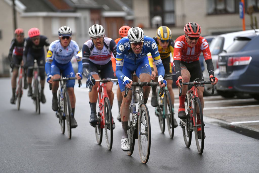 NINOVE BELGIUM FEBRUARY 29 Tim Declercq of Belgium and Team Deceuninck QuickStep Yves Lampaert of Belgium and Team Deceuninck QuickStep Matteo Trentin of Italy and CCC Team Mike Teunissen of The Netherlands and Team Jumbo Visma Soren Kragh Andersen of Denmark and Team Sunweb Jasper Stuyven of Belgium and Team Trek Segafredo Breakaway during the 75th Omloop Het Nieuwsblad 2020 Men Race a 200km race from Ghent to Ninove OmloopHNB OHN20 on February 29 2020 in Ninove Belgium Photo by Tim de WaeleGetty Images