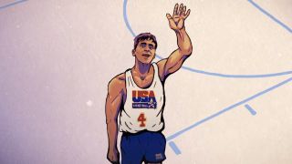 A cartoon drawing of Christian Laettner in his USA Basketball uniform in We Beat The Dream Team