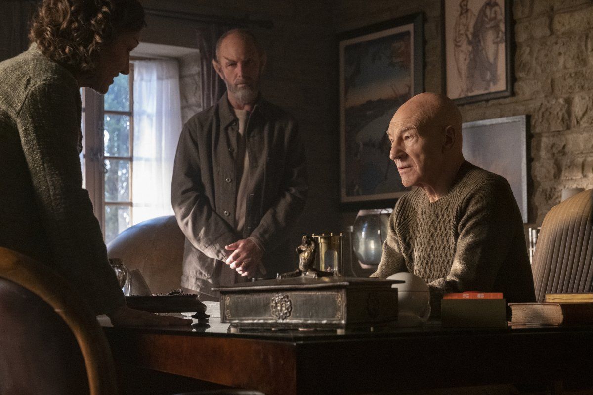 Orla Brady as Laris, Jamie McShane as Zhaban, and Sir Patrick Stewart as Jean-Luc Picard in "Star Trek: Picard" Episode 2: Maps and Legends.