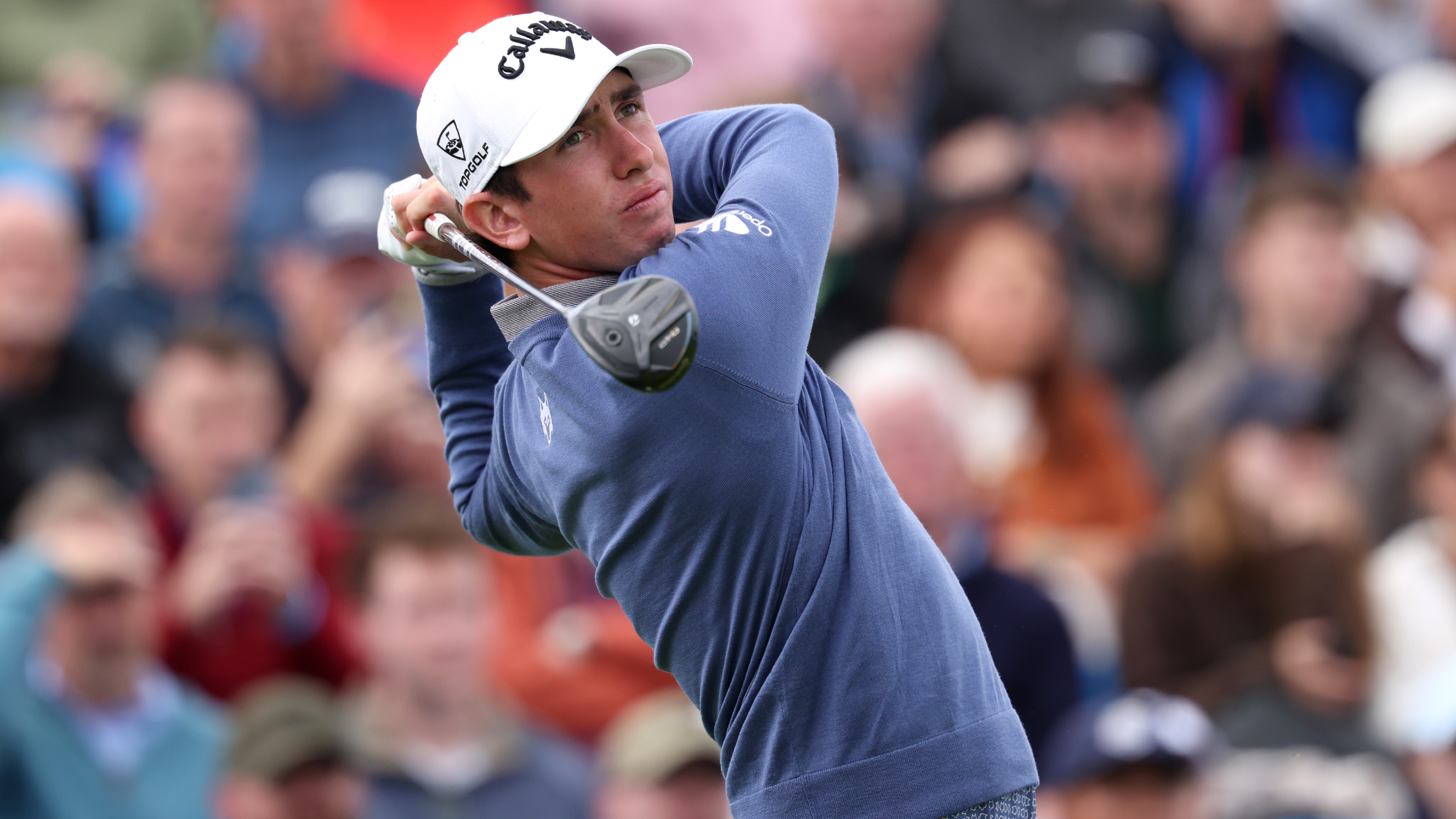 Tom McKibbin hits a drive at the Amgen Irish Open