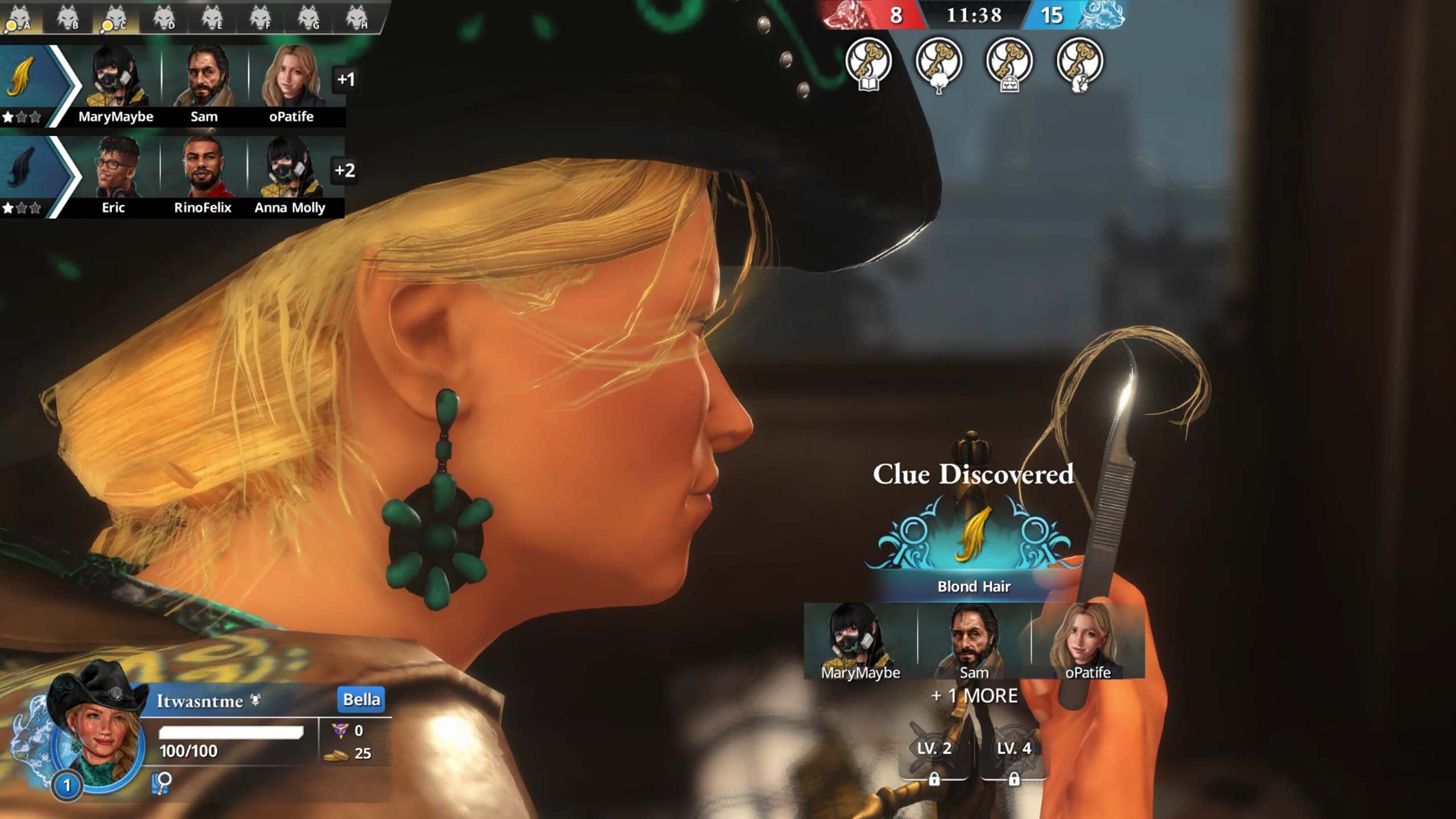 A screenshot from Killer Inn depicting a cowgirl holding up blonde hair as a clue.